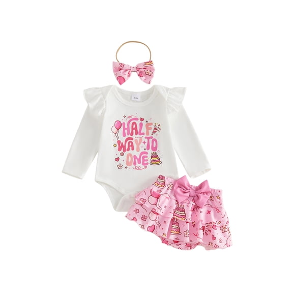 RUINIXCW Baby Girls Half Birthday Outfit Cute Letter Cake Print Long Sleeve Romper and Tutu Skort Headband Set