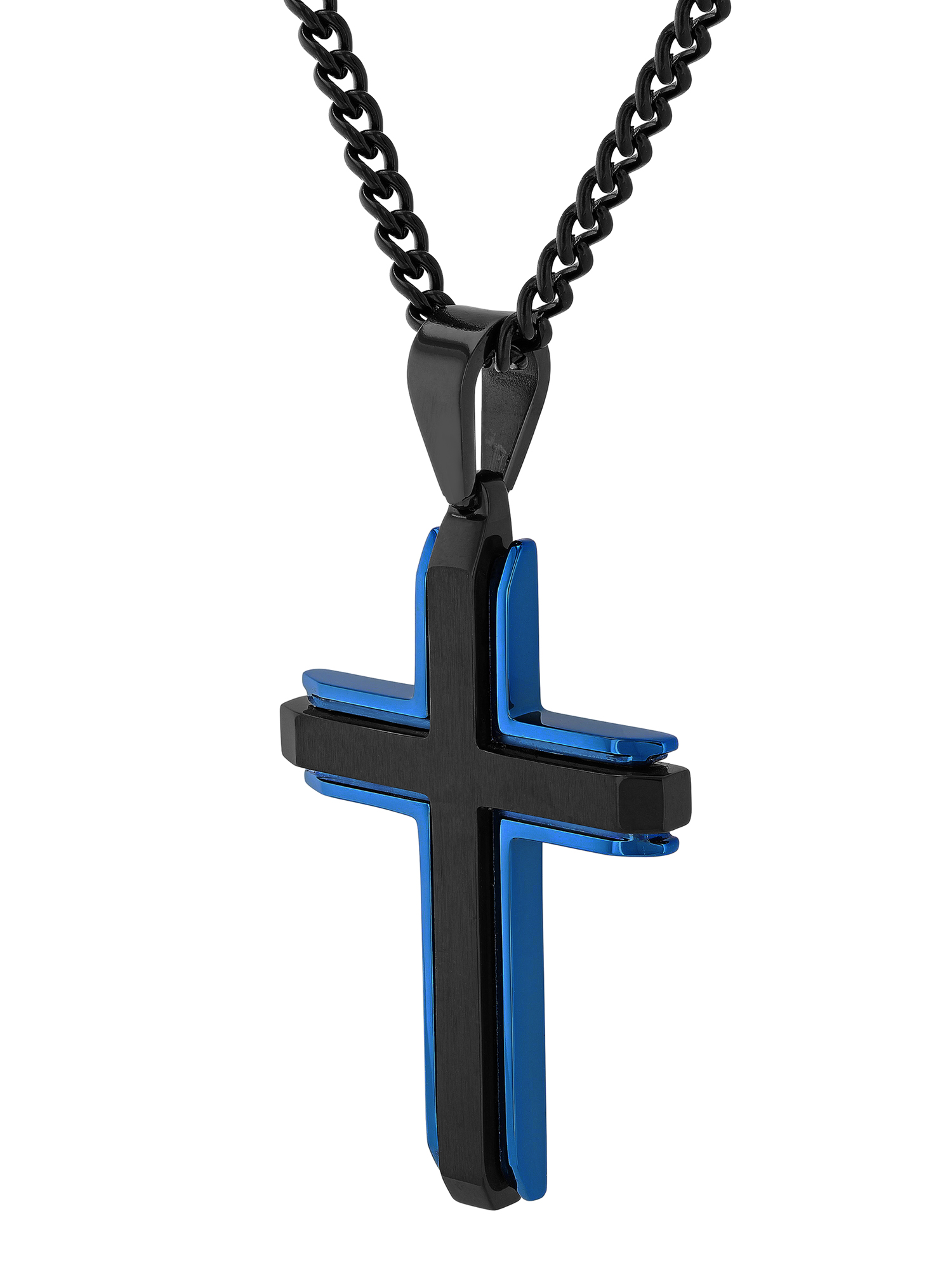 Black and Blue Stainless Steel Cross Pendant Necklace