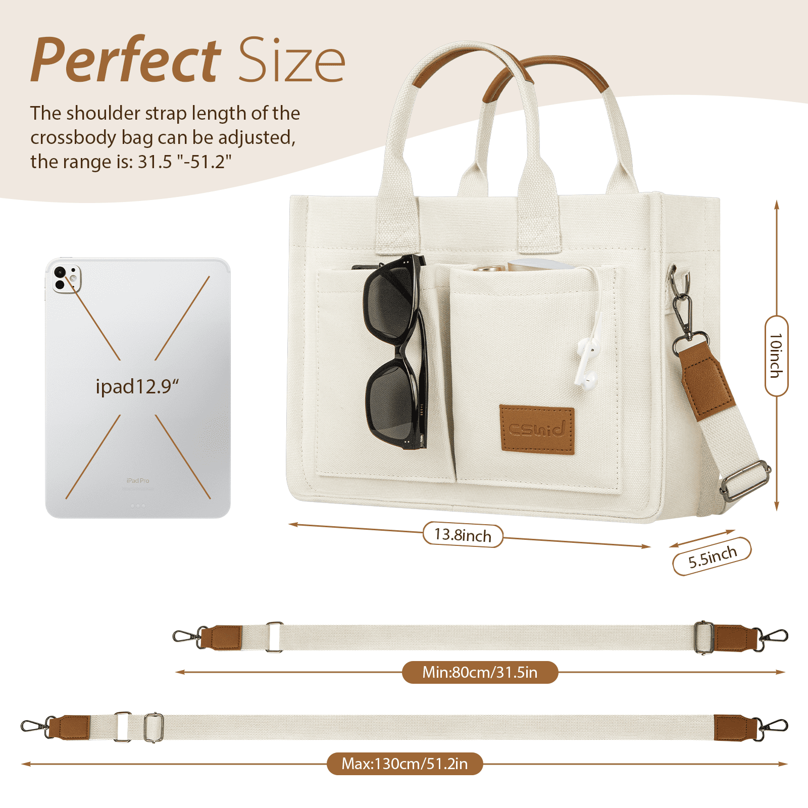 Canvas Tote Bag with Multi-Pocket for Women, Large Crossbody Shoulder Handbag Everything Tote Bag with Compartments, Laptop Work Bags Shoulder Travel Messenger Gym Totes, White