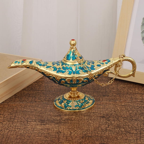 Hermosa lámpara de disfraz árabe, lámpara de aleación de Zinc 3D en relieve, luz de deseos para fiesta, boda, decoración de inauguración de la casa, r , Azul (21x7x11cm) Soledad Lámpara de Aladino