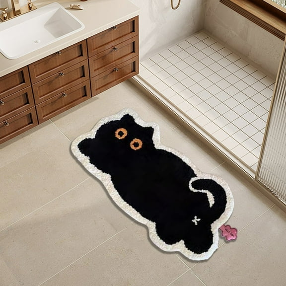 Honeeladyy Cute Cat High-Density Absorbent Floor Mat, Wool-Like Polyester Bathroom Rug with Non-Slip Backing, Quick-Dry for Kitchen & Entrance, 23.62"x15.75" (Black)