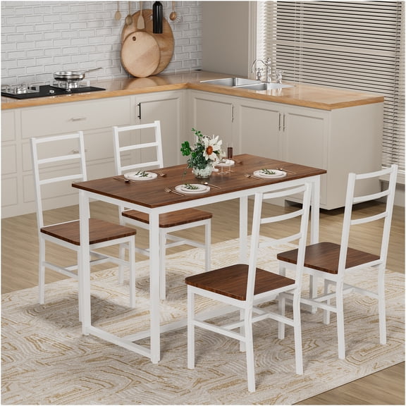 JERFIT 5-Piece Dining Table Set for 4, Modern Kitchen Table with Chairs, Brown and White Compact Dinette Set for Small Spaces, Breakfast Nook, Apartment, Dorm