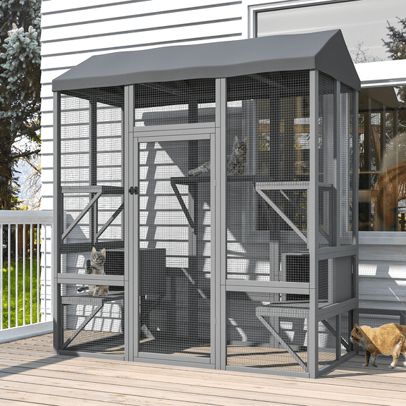 TIMHAKA 72’’ Catio Outdoor Cat Enclosure, Large Cat House for Multiple Cats w/ Waterproof Cover, 7 Platforms & 2 Resting Box, Gray