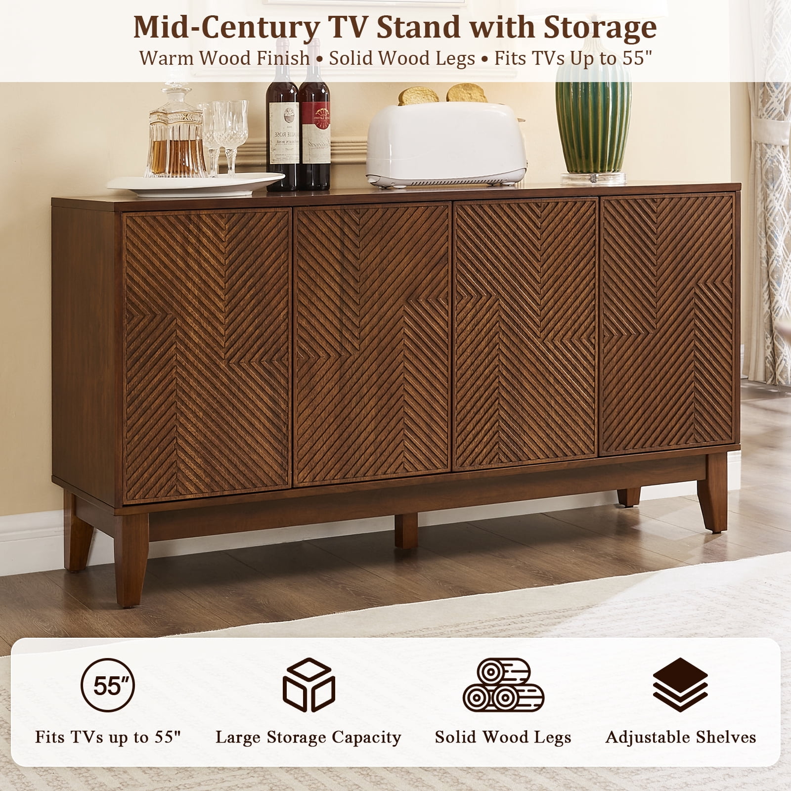 56-Inch Mid-Century TV Stand with Carved Geometric Doors and Adjustable Shelves, Wood Media Console and Entertainment Center, Walnut