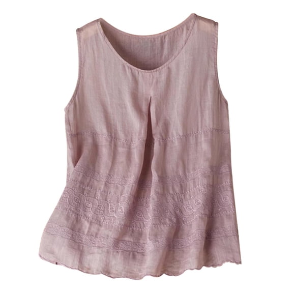 Ruimatai Women's Sleeveless Cotton Linen Tank Top with Embroidery, Slim Fit Round Neck Summer Blouse for Casual Wear