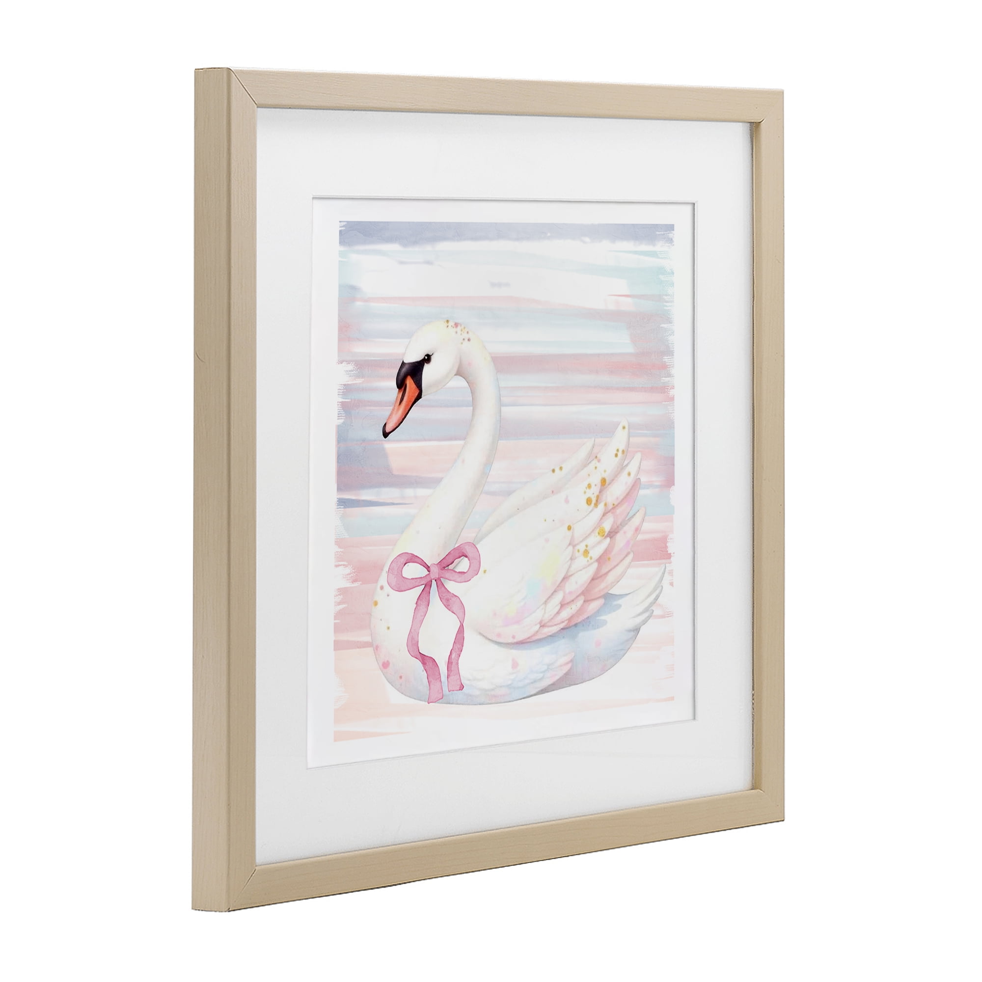 Pastel Swan with Ribbon Birch Framed Print Under Glass, design by Kim Allen