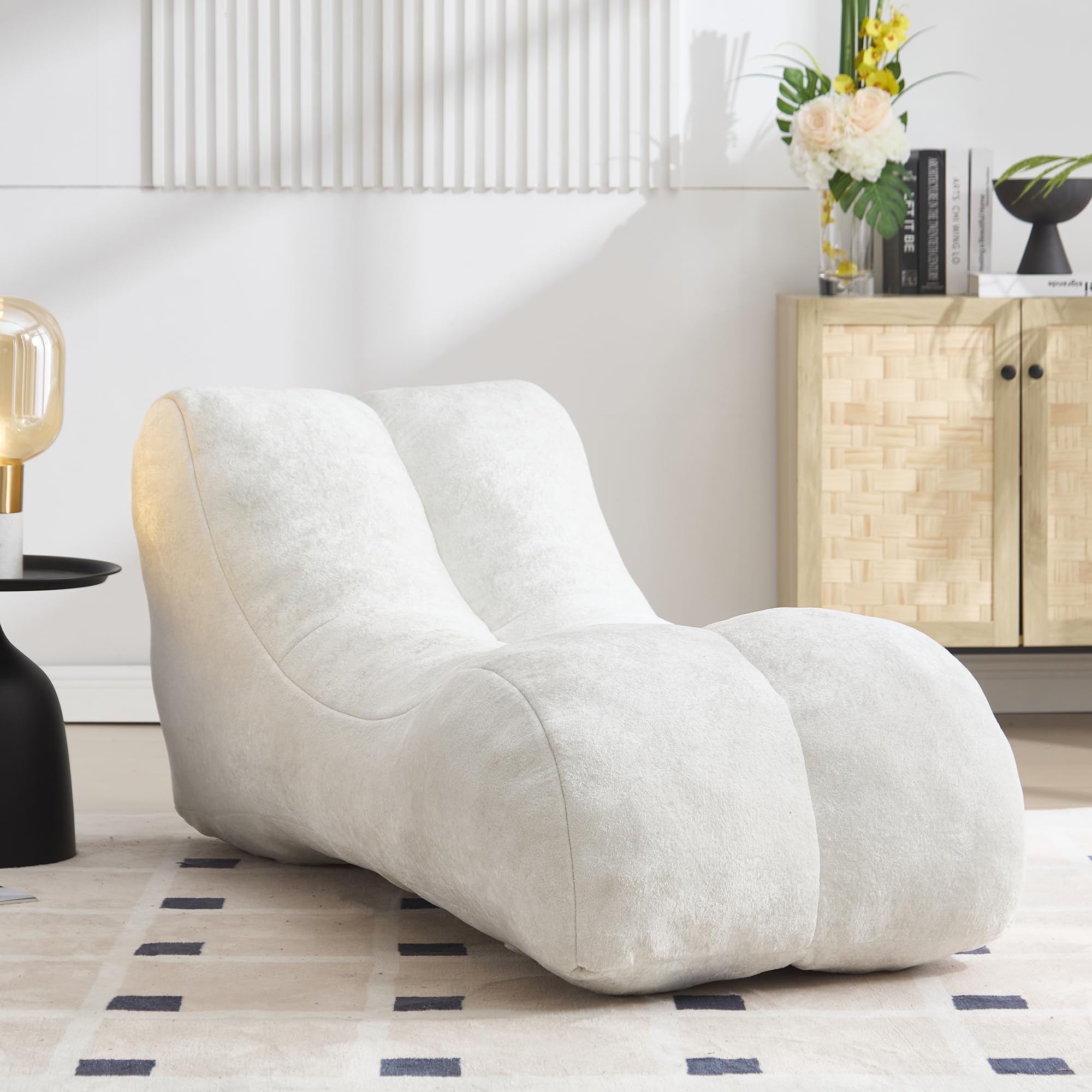 Aukfa Chaise Lounge, Bean Bag Sofa for Stretching, Relaxation, High Density Foam Recliner, White