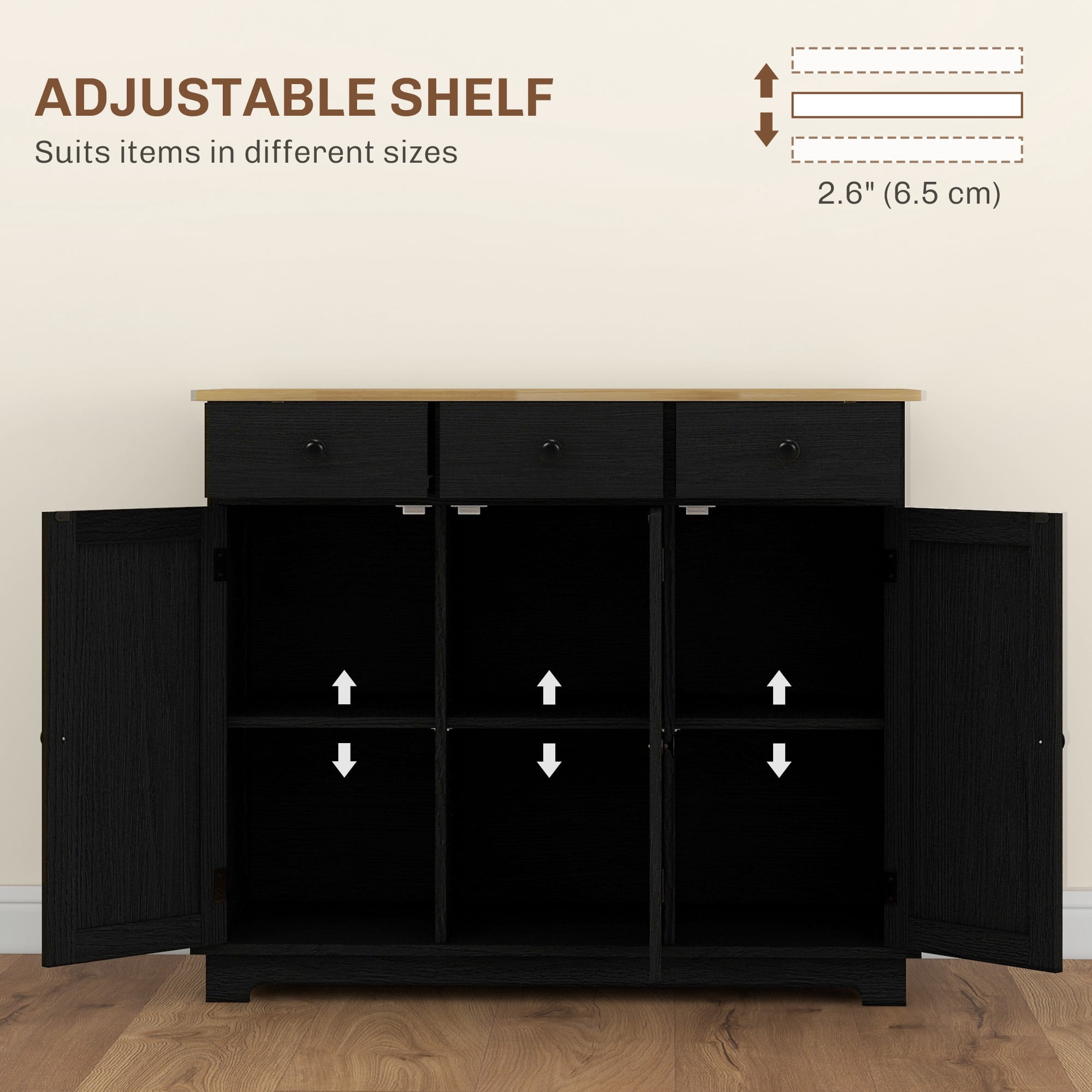HOQBN Sideboard Buffet Cabinet with Rubberwood Top and Adjustable Shelves for Dining Room, Kitchen, Black