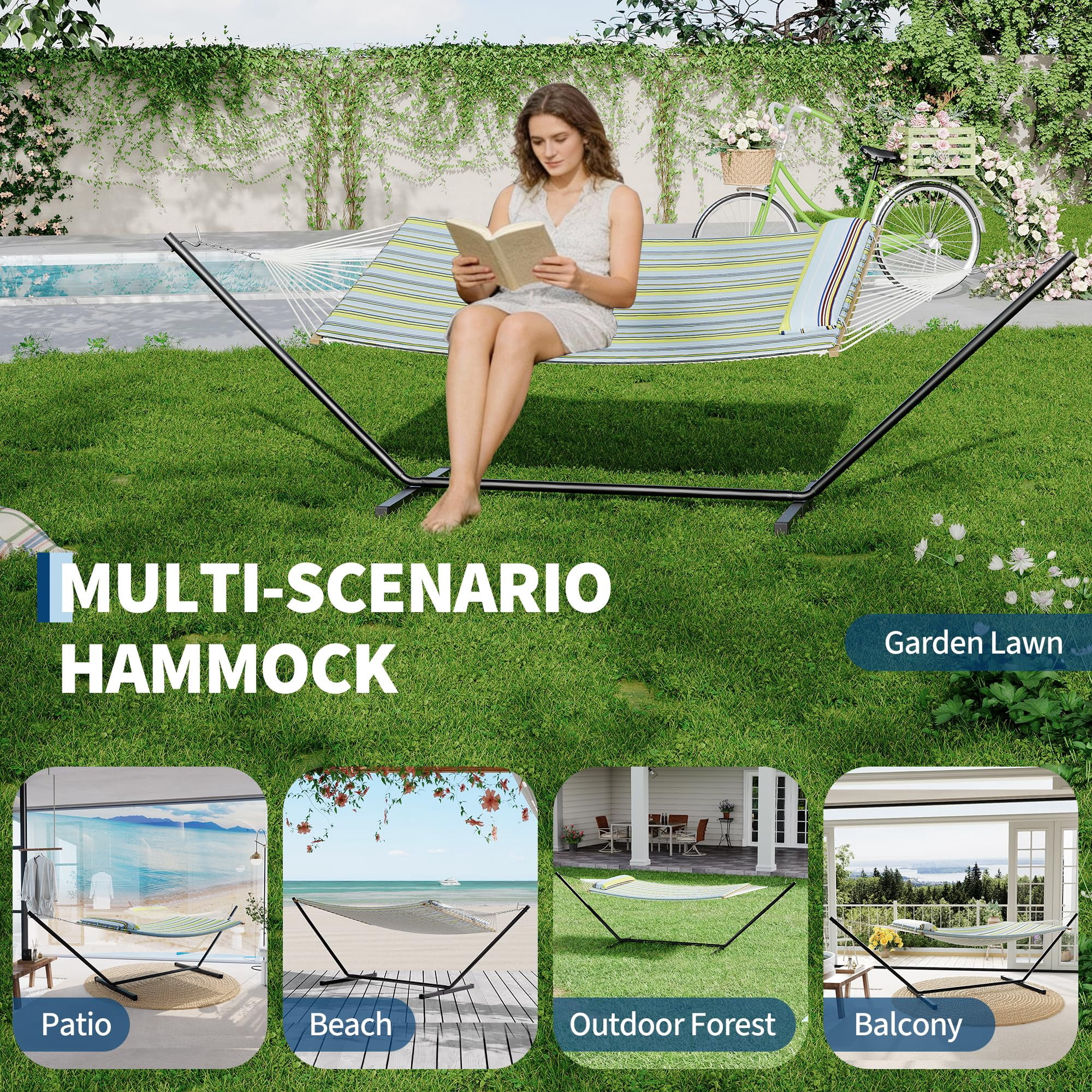 450 Lbs Capacity 2-Person Double Hammock with Stand - Portable Breathable Cotton Rope Hammock with Reversible Quilted Pad & Pillow for Patio, Garden & Camping