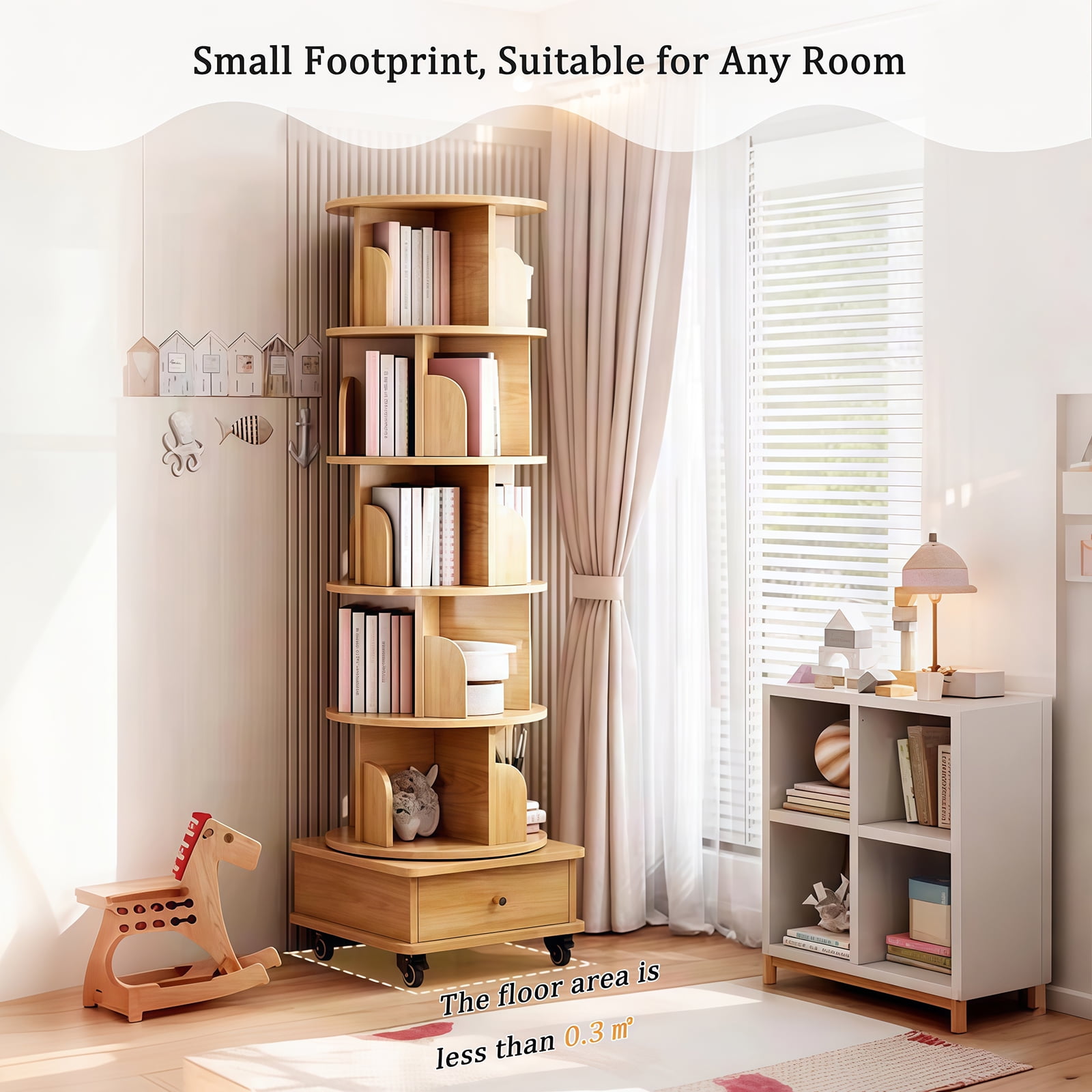 6 Tier Rotating Bookshelf, 360° Display Spinning Bookshelf Tower with Wheels and Drawer, Wood Tall Bookshelfs for Small Space, Corner Bookcase for Bedroom, Living Room, Study Room