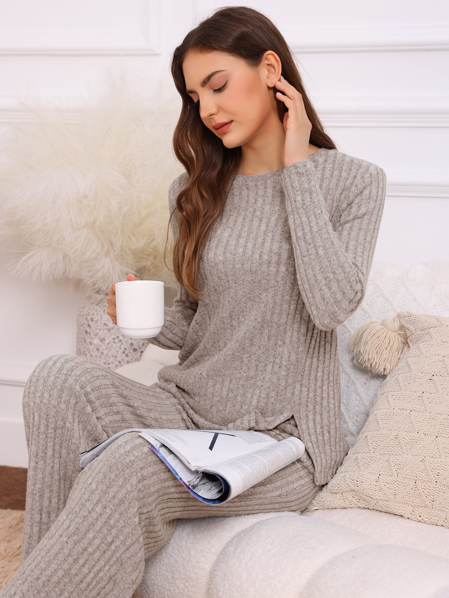 DARING DIVA Women's Knit Long Sleeve Ribbed Sleepwear Soft Crewneck Sets XS Brown