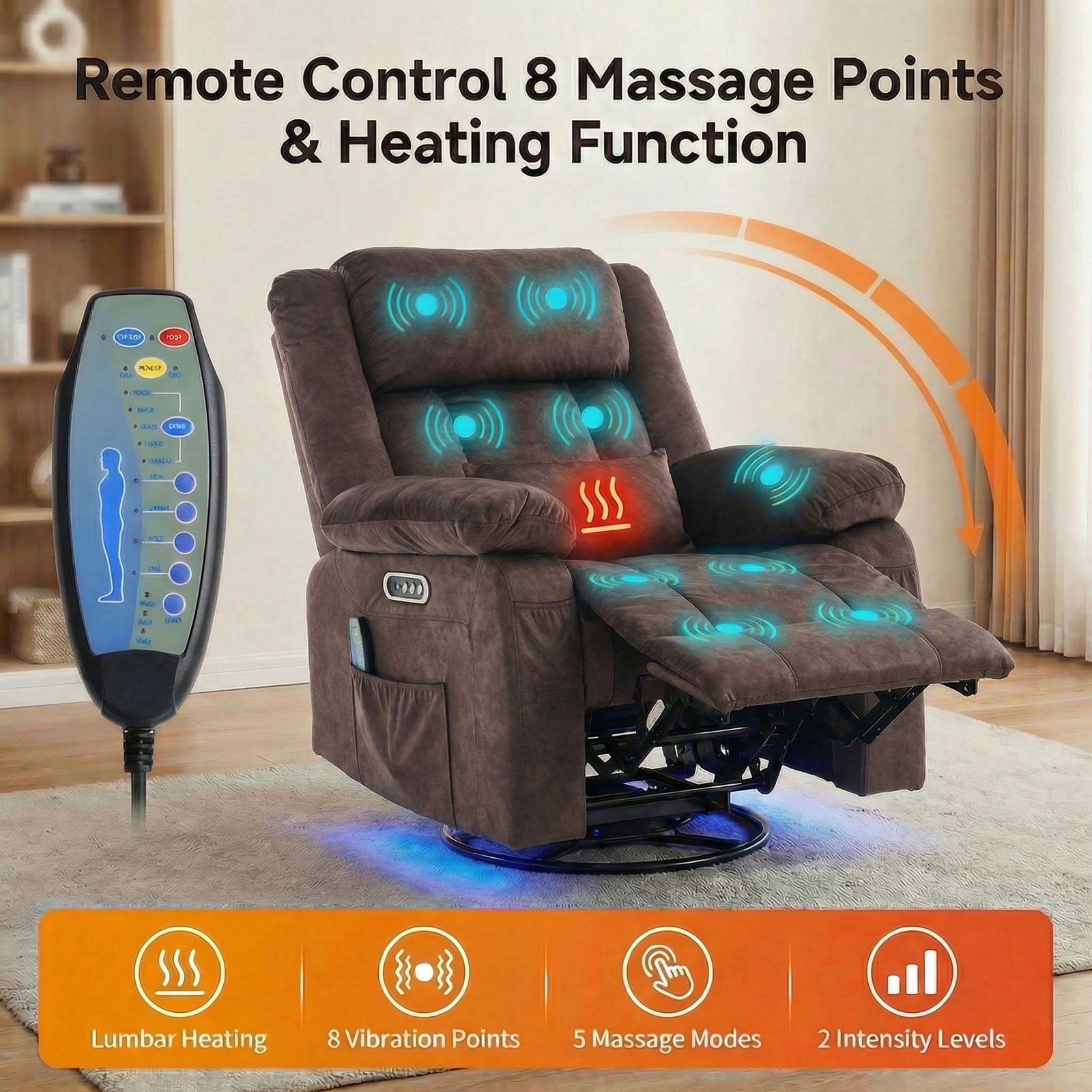 IPKIG Electric Power Recliner with Heat & Massage, 240° Swivel Rocking Chair for Living Room, LED Home Theater Recliner, Velvet Brown
