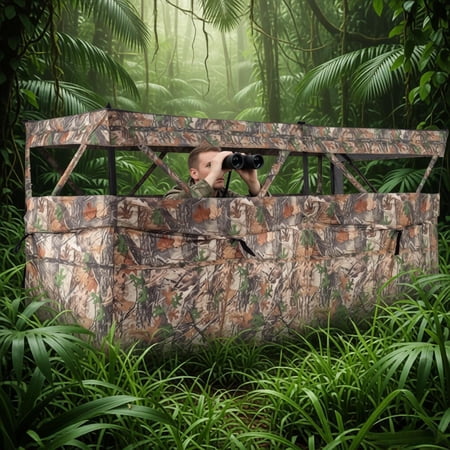 360 ° Panoramic Hunting Blind with 4 One-Way See-Through Panels Modular Ground Blind for Deer Turkey Waterfowl Hunting Pop-Up Camo Tent Fits 1-3 People Dog Doors for Outdoor Stealth Concealment