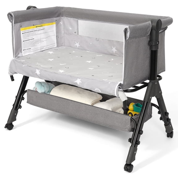 Infant Bassinet Crib,Single-sided Detachable 3 Adjustable-Height Bedside Beds Foldable Baby Crib,for 0-18 Months-Light Gray