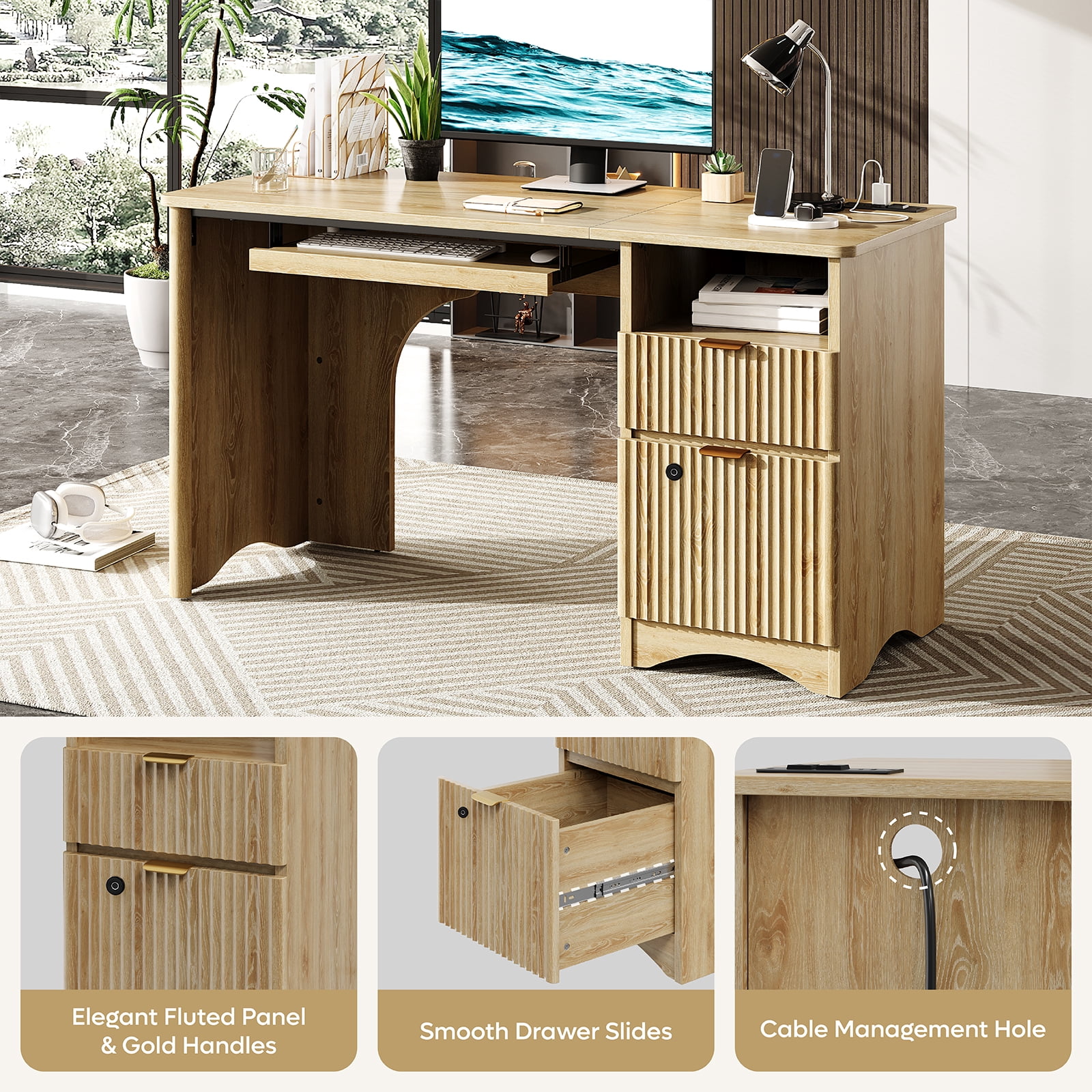 Bestier 55" Home Office Desk with Smart Fingerprint Cabinet Lock, Writing Computer Desk with Power Outlets, Keyboard Tray and Storage Drawers, Log