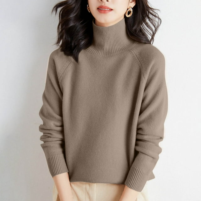 Women's Solid Color High Neck Long Sleeve Pullover Sweater - Casual Polyester Tunic Top for Fall and Winter