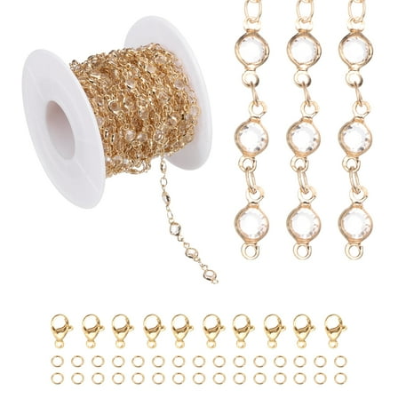 Uxcell 16.4Ft Rhinestone Chain Roll, Jewelry Making Chain Links Bulk with Lobster Claps Jump Rings for Jewelry Making Findings DIY Craft Necklace Bracelets, Gold Tone(White)