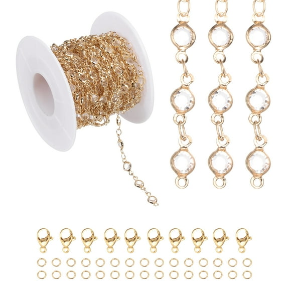 Uxcell 16.4Ft Rhinestone Chain Roll, Jewelry Making Chain Links Bulk with Lobster Claps Jump Rings for Jewelry Making Findings DIY Craft Necklace Bracelets, Gold Tone(White)