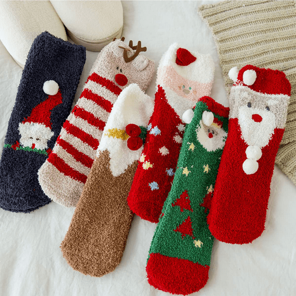 6 Pcs Christmas Fuzzy Socks for Women Plush Cartoon Non Slip Fluffy Cozy Slipper Winter Warm Fleece Socks Home Sleeping Socks for Girl