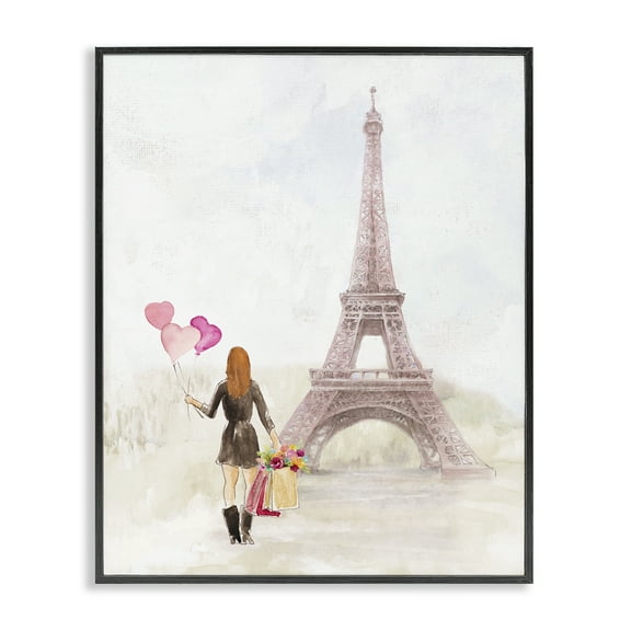 Stupell Industries Eiffel Tower & Heart Balloons Buildings & Architecture Painting Black Framed Art Print Wall Art, 11 x 14