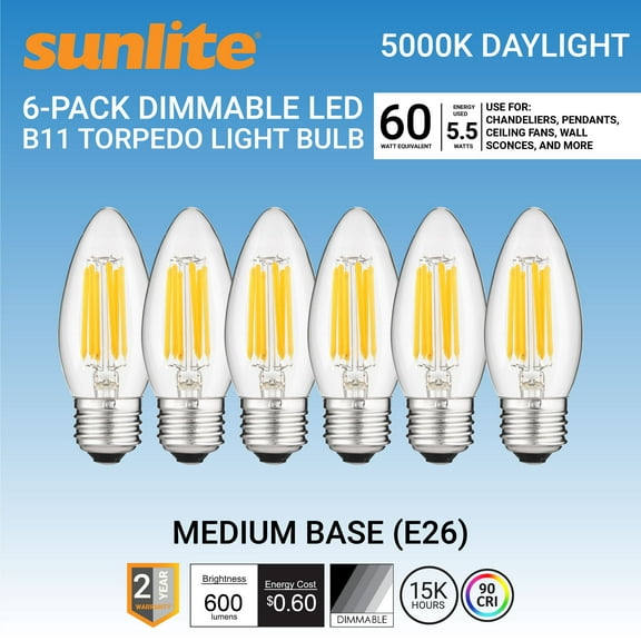Sunlite LED Filament B11 Torpedo Chandelier Light Bulb, 5.5 Watts (60W Equivalent), Medium E26 Base, Dimmable, Clear, UL Listed, 90 CRI, 5000K Super White, 6-Pack