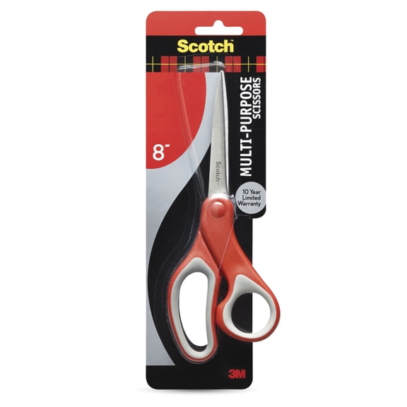 Scotch Multi-Purpose Stainless Steel Scissors, 8", Sharp Edge, Red & Grey