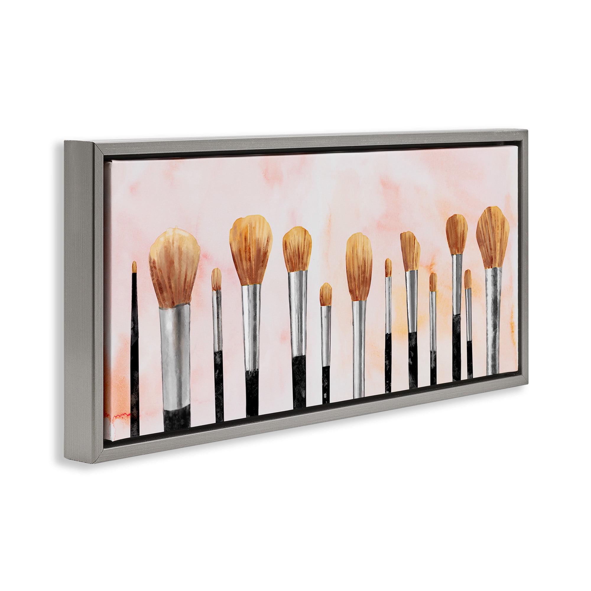 Stupell Industries Pink Makeup Brush Collection Beauty & Fashion Painting Gray Floater Framed Canvas Art Print Wall Art, 25 x 11