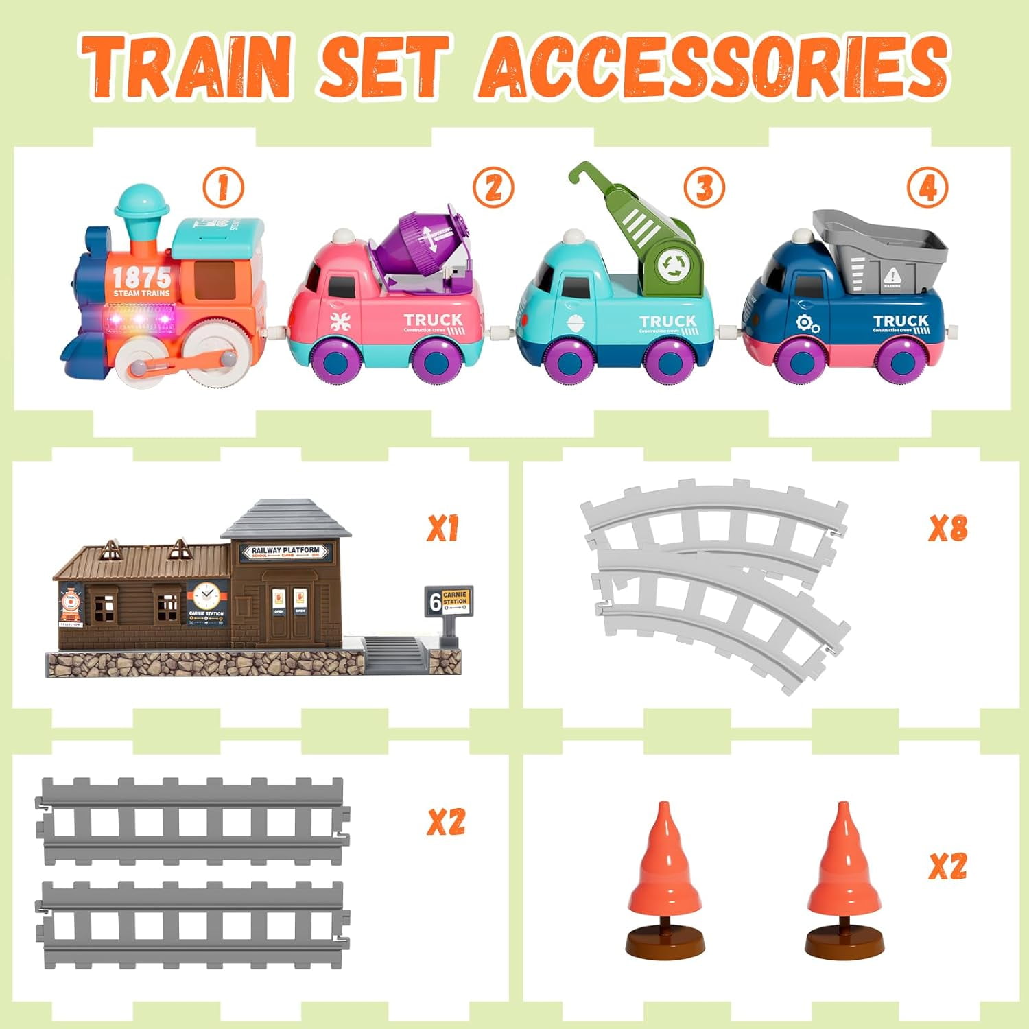 Electric Train Set for Toddlers 2-4, Magnetic Kids Trucks with Tracks, Toy Train with Light & Music, Birthday Gifts for 3-5 Years Old Boys Girls