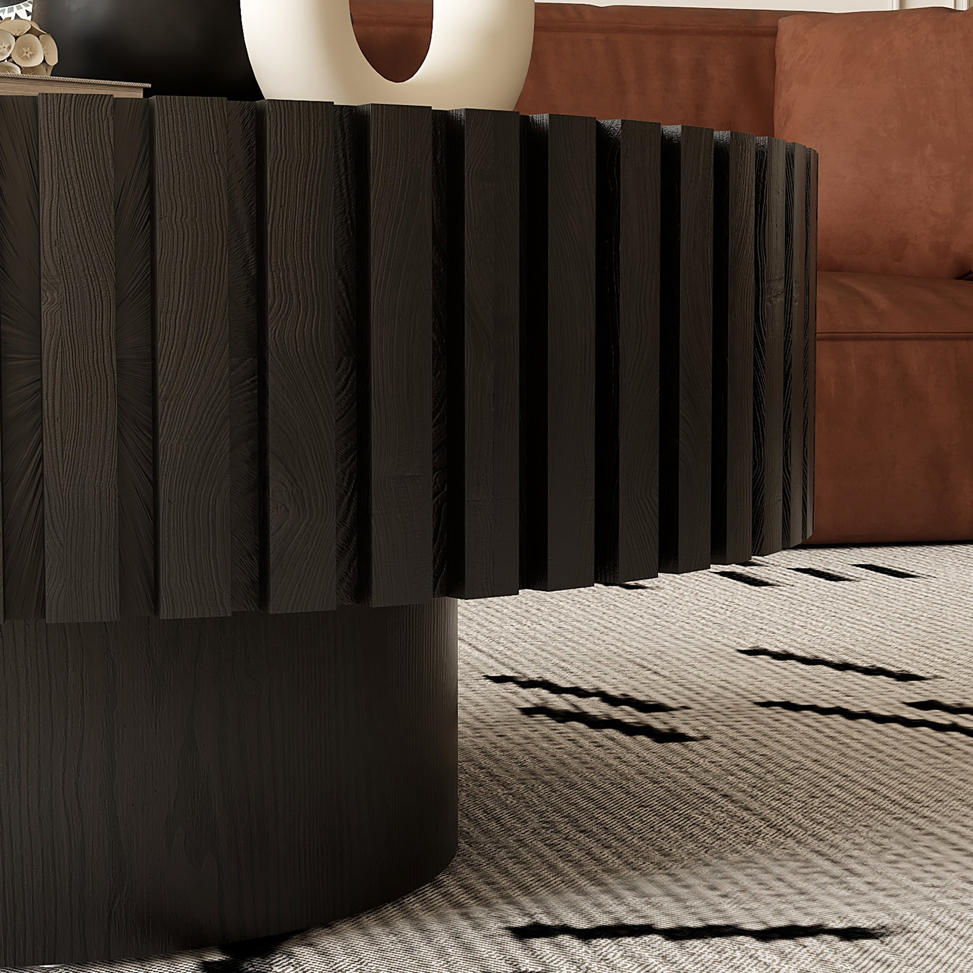 Leumius Round Coffee Table Handcrafted Relief Sturdy Pedestal Wooden Olive-Shaped Tea Table for Living Room Apartment Black