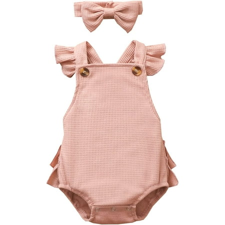 

QWZNDZGR Baby Girl Romper Fly Sleeve Solid Color Ruffle Casual Party Summer Bodysuit + Bow Headband