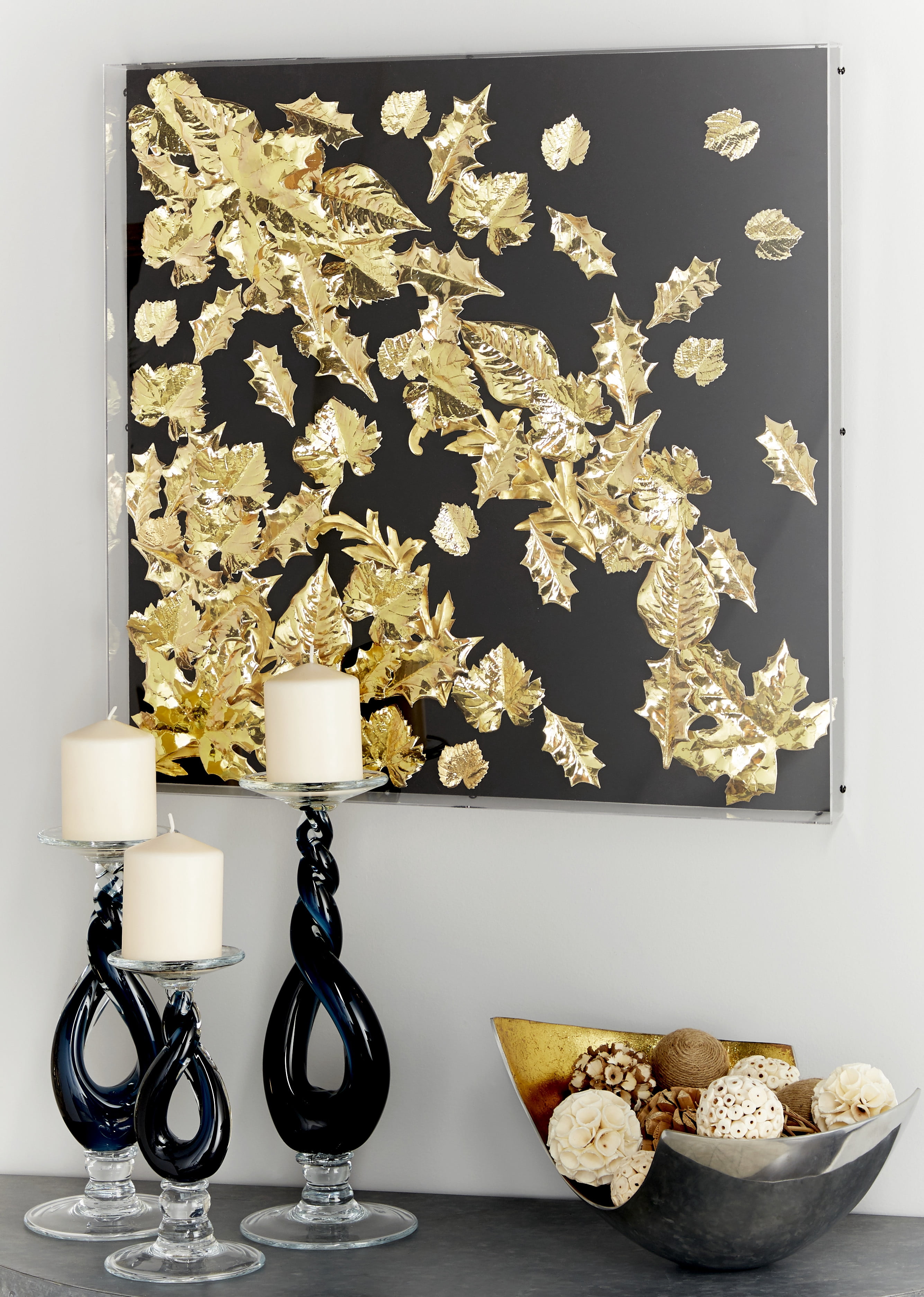 Decmode Large Square Modern Black and Metallic Gold Leaf Shadow Box Wall Decor, 23.5” x 23.5”