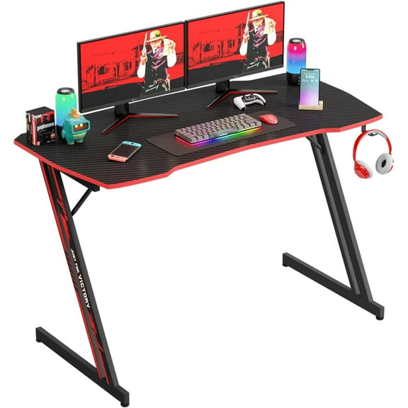 PayLessHere 47 Inch Modern Z-Shaped Gaming Desk with Headphone Hook,Red