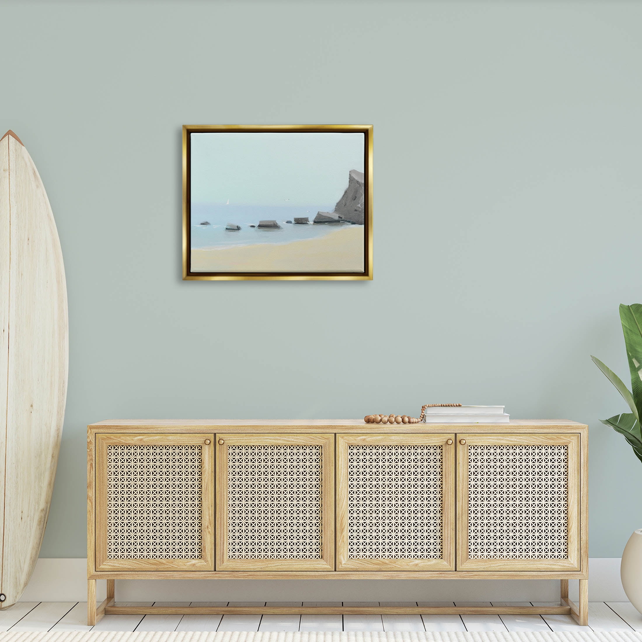 Calm Beach Shore Rocks Coastal Graphic Art Metallic Gold Framed Art Print Wall Art