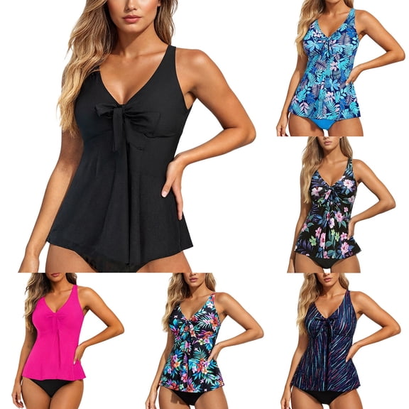 Laipiong 2 Piece Tankini Swimsuits for Women Tummy Control Flowy Dressy V Neck Solid Tank Top with Bottoms Trendy Comfy Beach Bathing Suits
