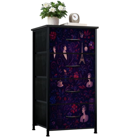 Gothic Dresser for Bedroom with 4 Storage Drawers Royal vintage Gothic dark purple black vintage Paris Coffe Dressers Chest of Drawers Steel Framed Fabric Closet Organizers for Boys Man Cave Dorm