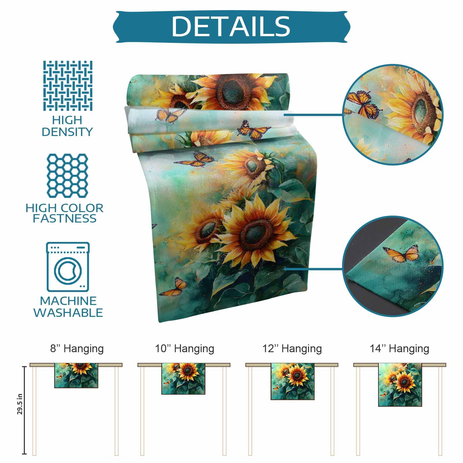 Table Runner Dresser Scarf 18 x 72 Inch Watercolor Sunflower Floral Butterfly Teal Green Leaf Table Runners Non-Slip Heat Kitchen Dining Table Decor for Indoor Outdoor Home Party Decoration
