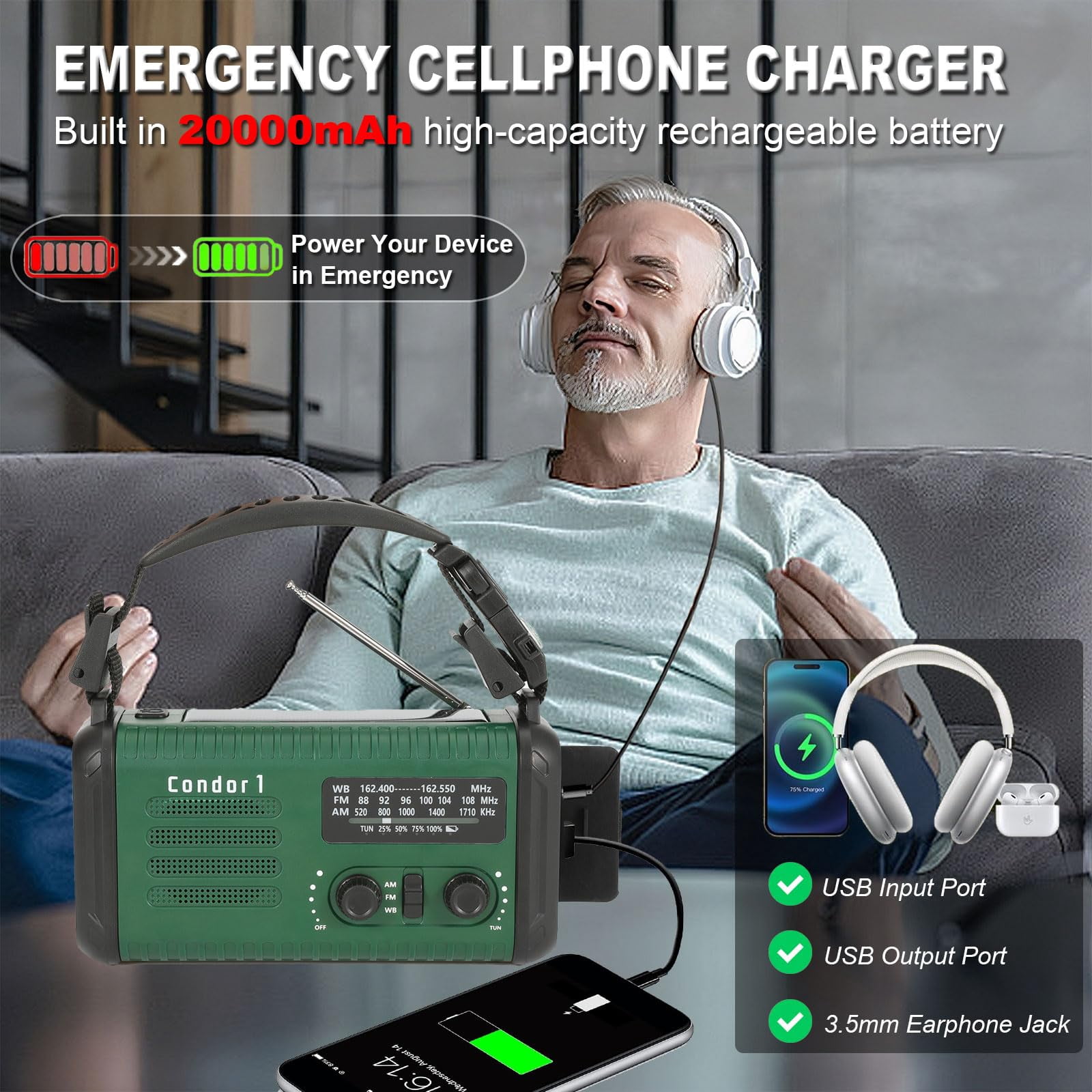 20000mah/ 74000mwh Hand Crank Emergency Radio  Am/fm/noaa Weather Solar With Usb Phone Reading Lamp Flashlight & Sos For (army Green)