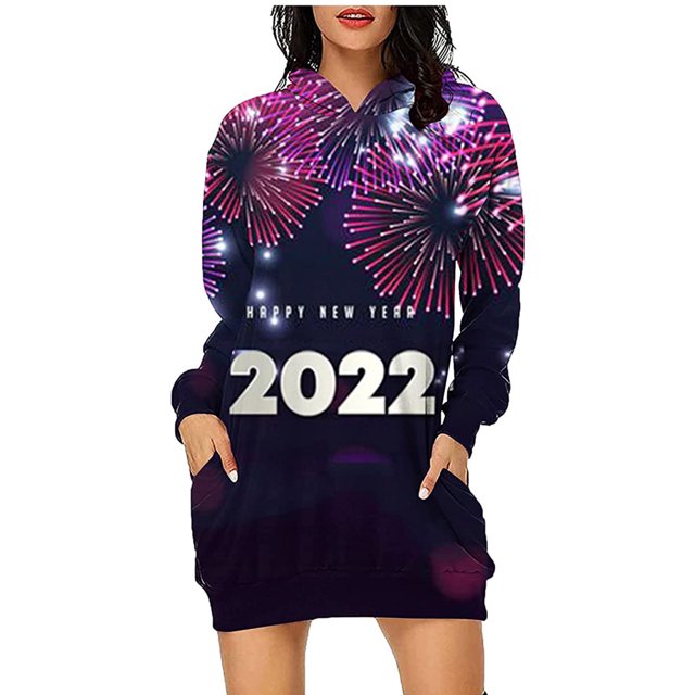 ICHUANYI Clearance Fashion Women Hooded Dress Pullover Long Sleeve Printing Pocket Casual Sweatshirt Dress(Purple, XXL) ICHUANYI WER2023081501193