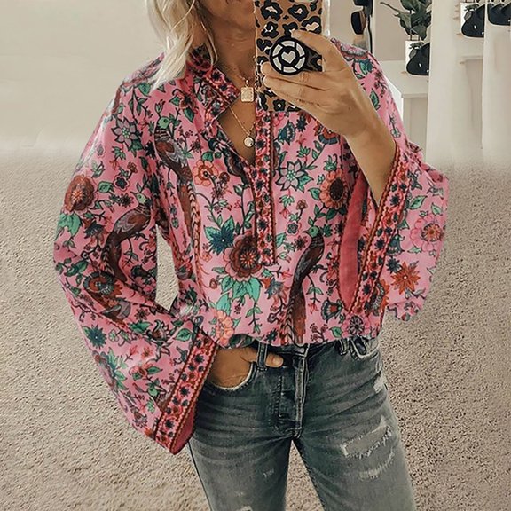 RYDCOT Womens Fall Ethnic Floral Bohemian Tops Long Sleeve Neck Button Down V Neck Shirts Turndown Collar Blouses for Women Casual Elegant Tops Sale