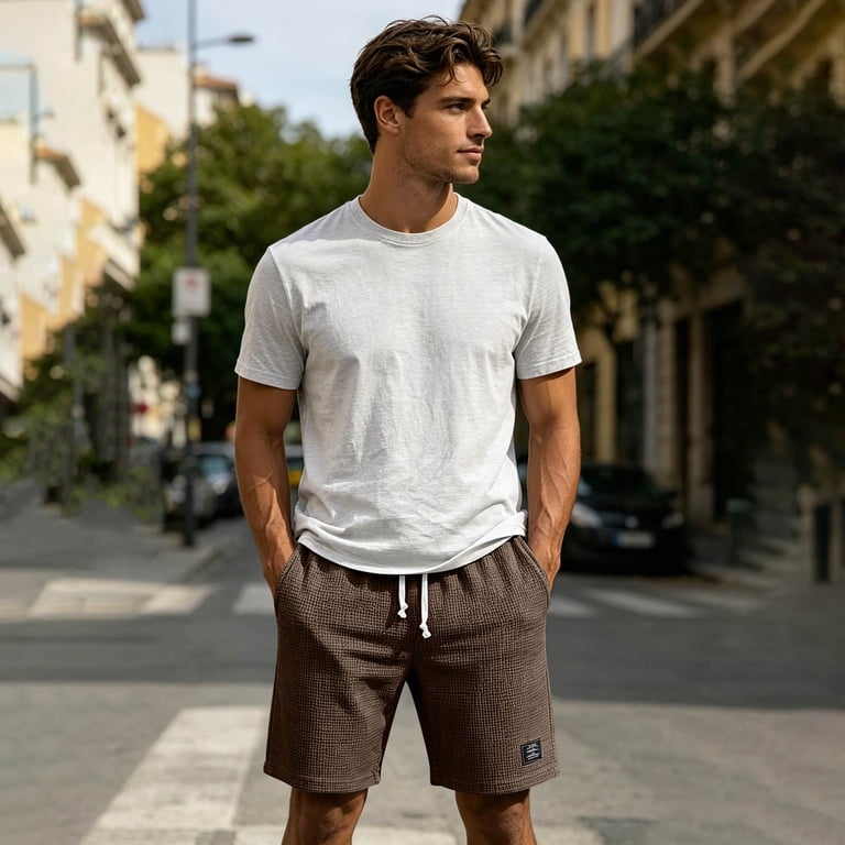 Waffle Knit Shorts for Mens Elastic Waist Breathable Textured