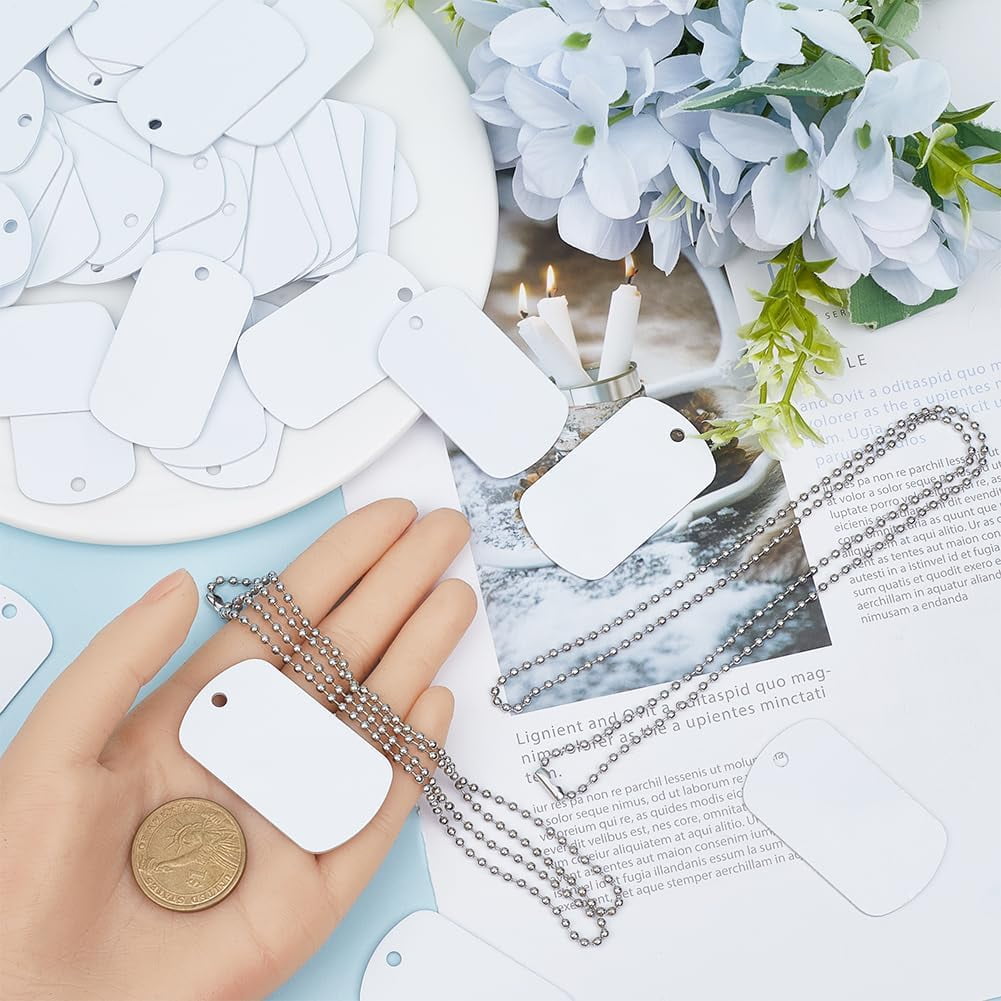 1 Box 45Pcs Sublimation Dog Tags Blanks Bulk with Chain Aluminum Stamping Blank Tag Pendants Heat Transfer Double Sides Sublimation Keychain Blanks for Craft Necklace Luggage Bagge for diy making