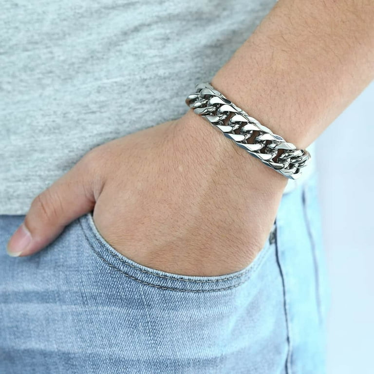 Hermah 15mm Wide 9 inch Curb Cuban Rombo Mens 316L Stainless Steel Chain  Bracelet Silver 