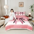 thumbnail image 4 of Castle Fairy Kawaii Bow 3 Pieces Queen Comforter Set,Geometric Stripes Ultra Soft Bedding Sets,Black Pink Bedding Comforter Set,Super Cozy Cute Room Decor,Reversible, 4 of 8