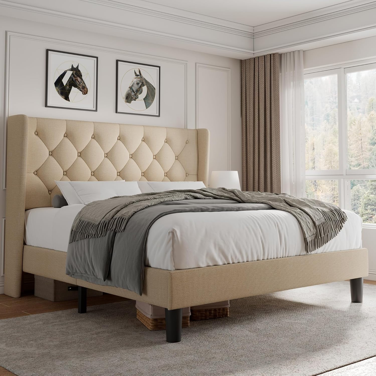 iPormis Full Size Bed Frame with Diamond Button Tufted Wingback Headboard, Upholstered Platform Bed Frame with Strong Wood Slat Support, No Box Spring Needed,Beige