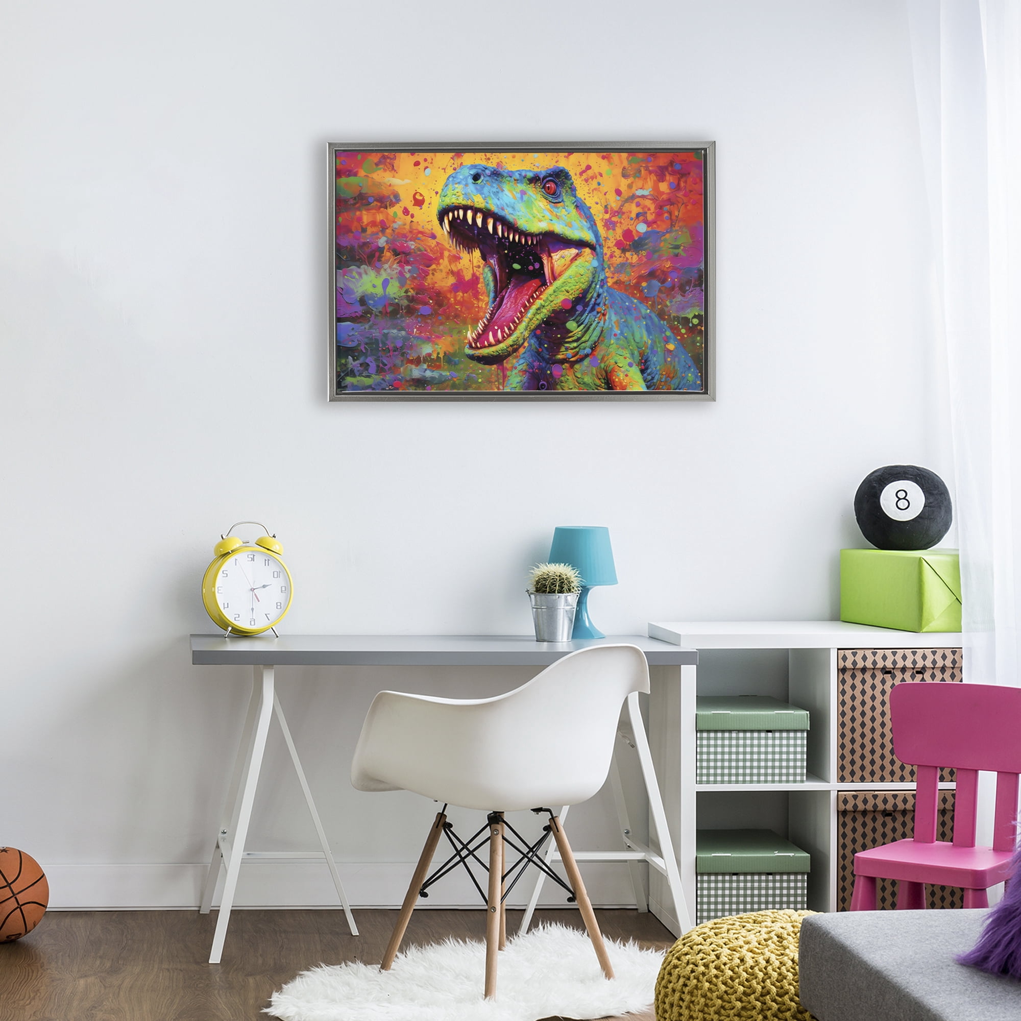 Stupell Industries Colorful T-Rex with Splatter Gray Framed Floater Canvas Wall Art, design by Creative Studio