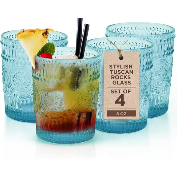 Tuscan Rocks Glass Set - Aqua, Dishwasher Safe, Chic Vintage Style - 8 oz - Ideal for Gin, Mixed Cocktails, Bourbon, Margaritas, Soft Drinks, Beer, Water - Mexican Style Glasses - Set of 4