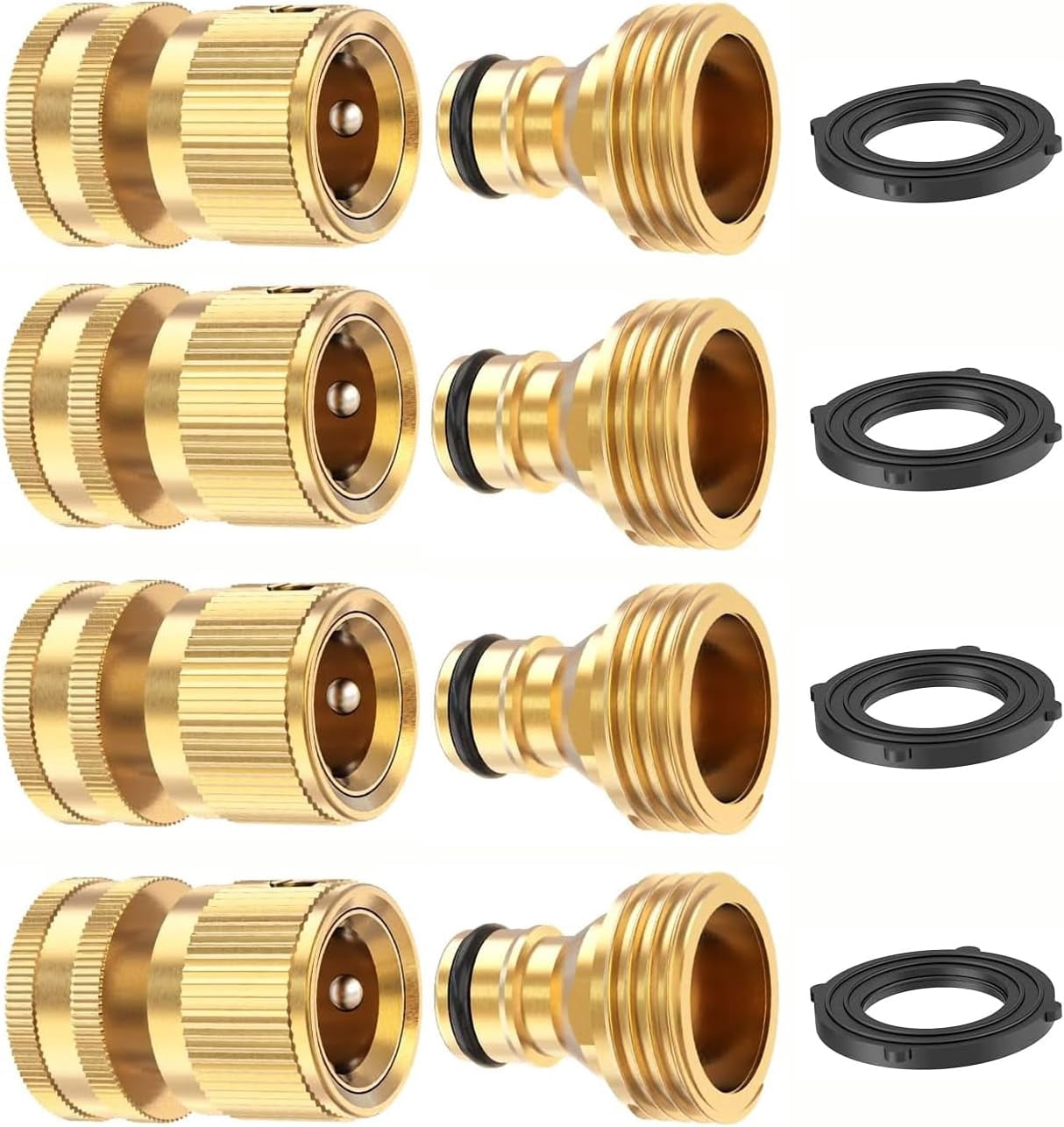HRTGFD-Garden Hose Quick Connect 3/4 Inch GHT Solid Brass Hose Connector Adapter Kit Fitting No-Leak Water Hose Female and Male Adapter (4 Sets)