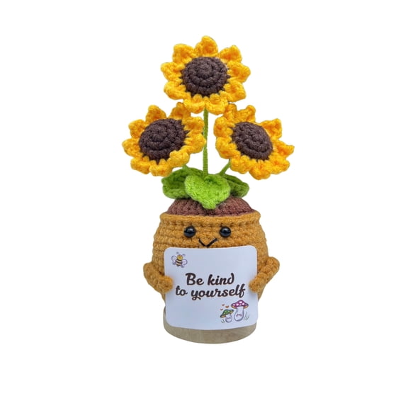 TOKATAN Handmade Crochet Positive Gifts for Women, Friend | Knitted Emotional Encouragement Gift Like Cactus, Plant, Suculent, Plush for Feel Beter, Well Support, Desk Home Office Decor (Sunflower)