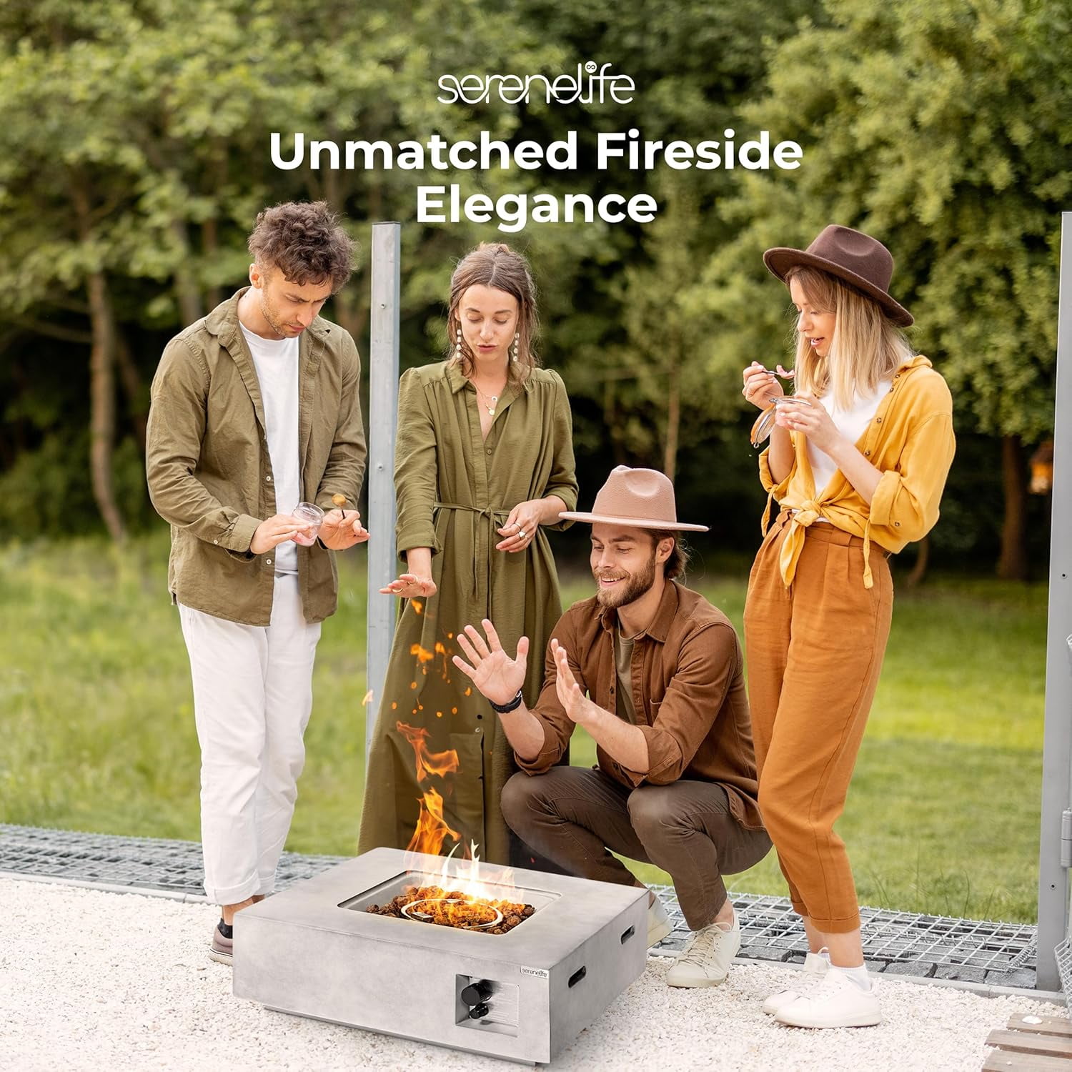 SereneLife Propane Gas Fire Pit Table - 40,000 BTU Square Gas Firepits with Cover for Outside