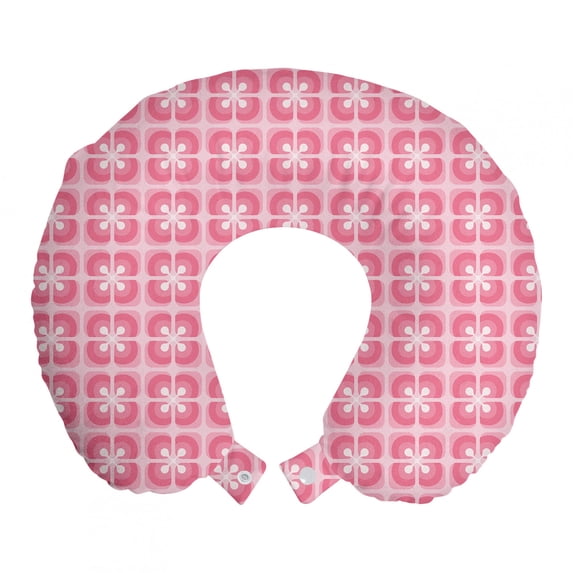 Abstract Travel Pillow Neck Rest, Colorful Retro Ornaments Flowers Inspired Romantic Arrangement, Memory Foam Traveling Accessory Airplane and Car, 12", Pastel Pink Rose, by Ambesonne